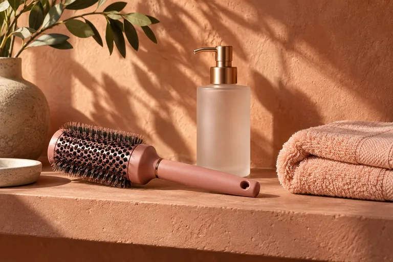 A round hairbrush, peach towel and frosted bottle in warm light.